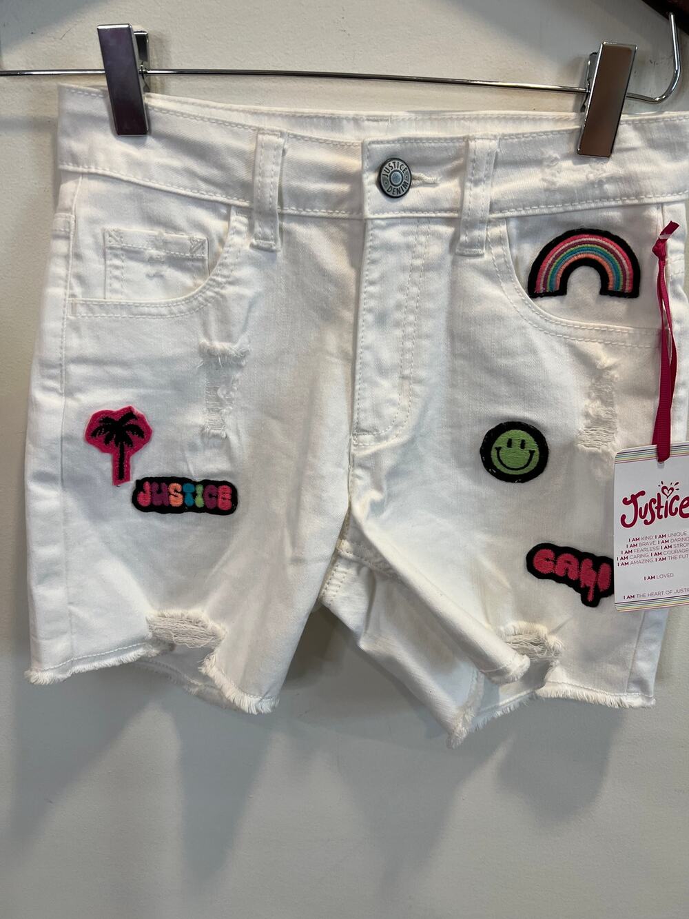 Patched White Justice Denim Midi Short - Girls 12